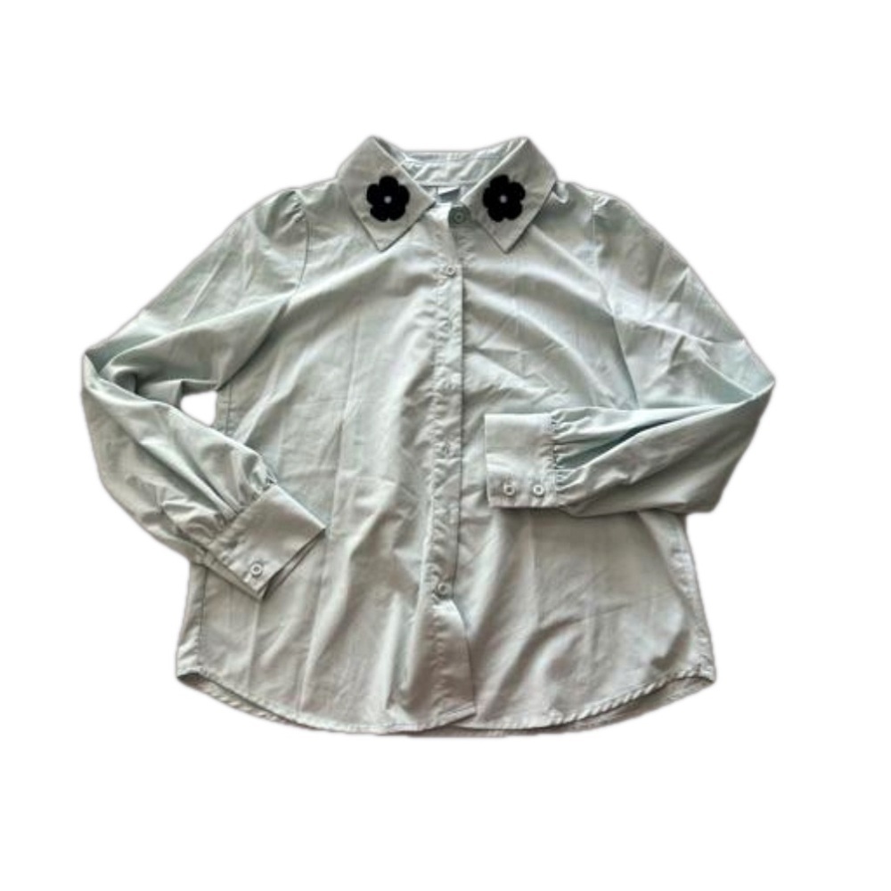 Ledin Mint Green Long Sleeve Button Up Blouse w/ Black Floral Collar Size Medium